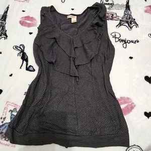 DKNY Black and White Striped Ruffle V-Neck Sleeveless Blouse